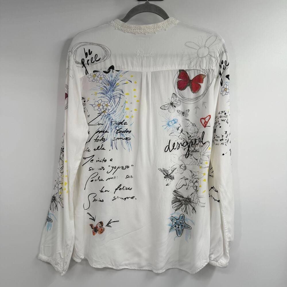Desigual Graphic Print Blouse Womens XL White Long Sleeve Artsy Boho Sheer Tunic - Picture 4 of 10